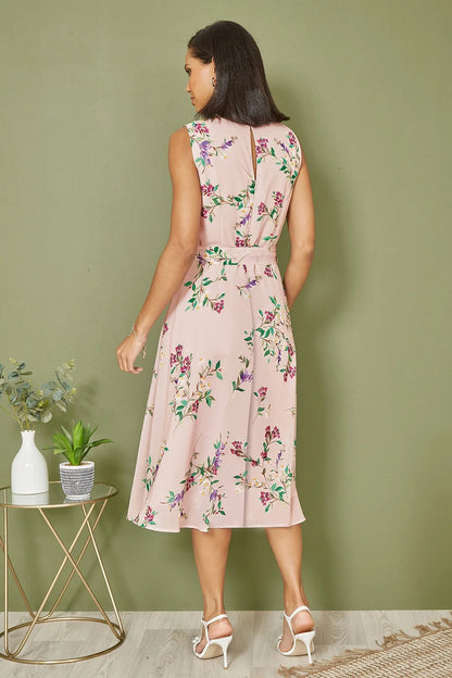 Yumi Pink Floral Midi Skater Dress | Wedding Guest | UK Sizes 6–18 - Pattern Detail - QHA UK