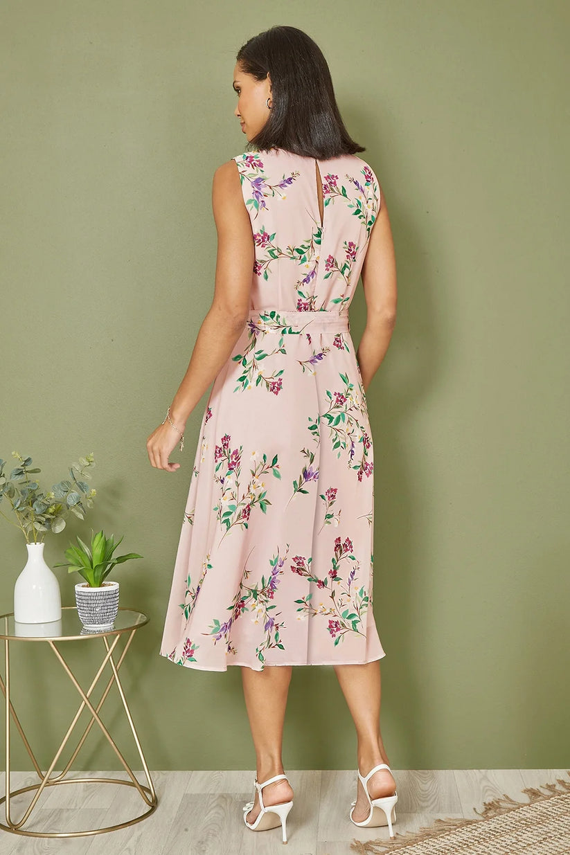 Yumi Pink Floral Midi Skater Dress | Wedding Guest | UK Sizes 6–18 - Pattern Detail - QHA UK