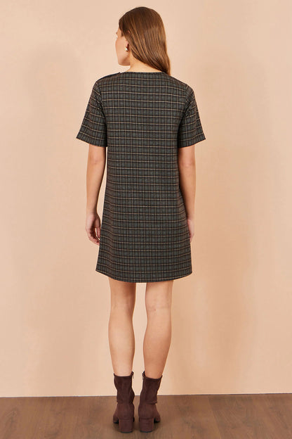 Yumi Women's Brown Check Shift Dress with Gold Pocket Trim | QHA UK - QHA UK