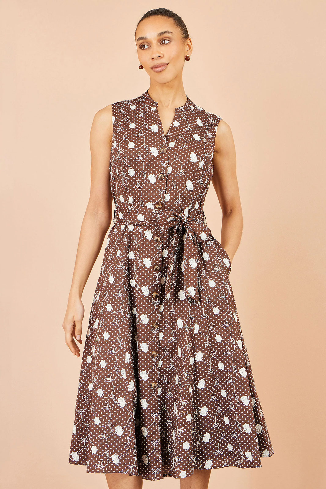 Yumi Women's Brown Floral Cotton Midi Shirt Dress | Sizes 6–18 | QHA UK - QHA UK