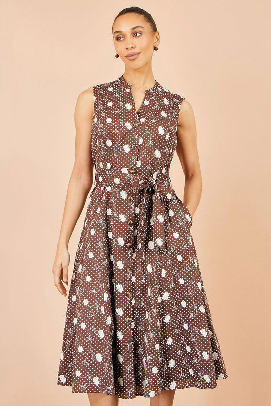 Yumi Women's Brown Floral Cotton Midi Shirt Dress | Sizes 6–18 | QHA UK - QHA UK