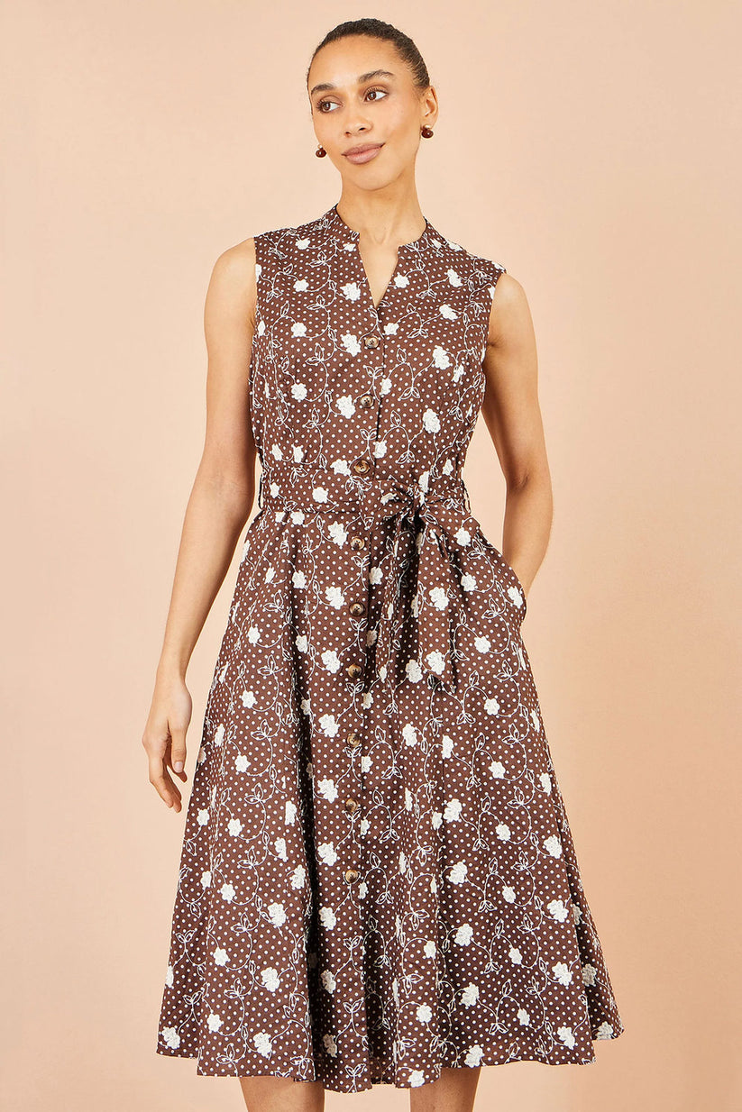Yumi Women's Brown Floral Cotton Midi Shirt Dress | Sizes 6–18 | QHA UK - QHA UK