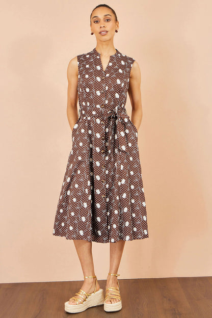 Yumi Women's Brown Floral Cotton Midi Shirt Dress | Sizes 6–18 | QHA UK - QHA UK