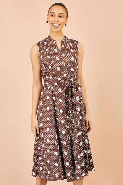 Yumi Women's Brown Floral Cotton Midi Shirt Dress | Sizes 6–18 | QHA UK - QHA UK
