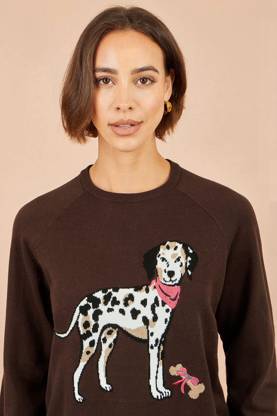 Yumi Women's Brown Dalmatian Intarsia Relaxed Knit Jumper | Sizes S–L | QHA UK - QHA UK