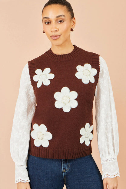 Yumi Women's Brown Flower Appliqué Beaded Knit Tank Top | QHA UK - QHA UK