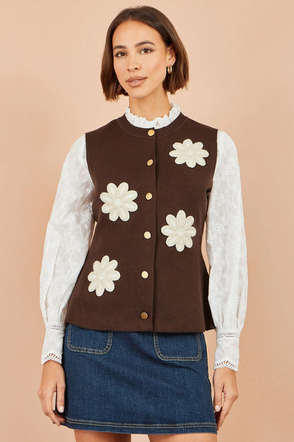 Yumi Women's Brown Floral Appliqué Gold Button Knit Waistcoat | QHA UK - QHA UK