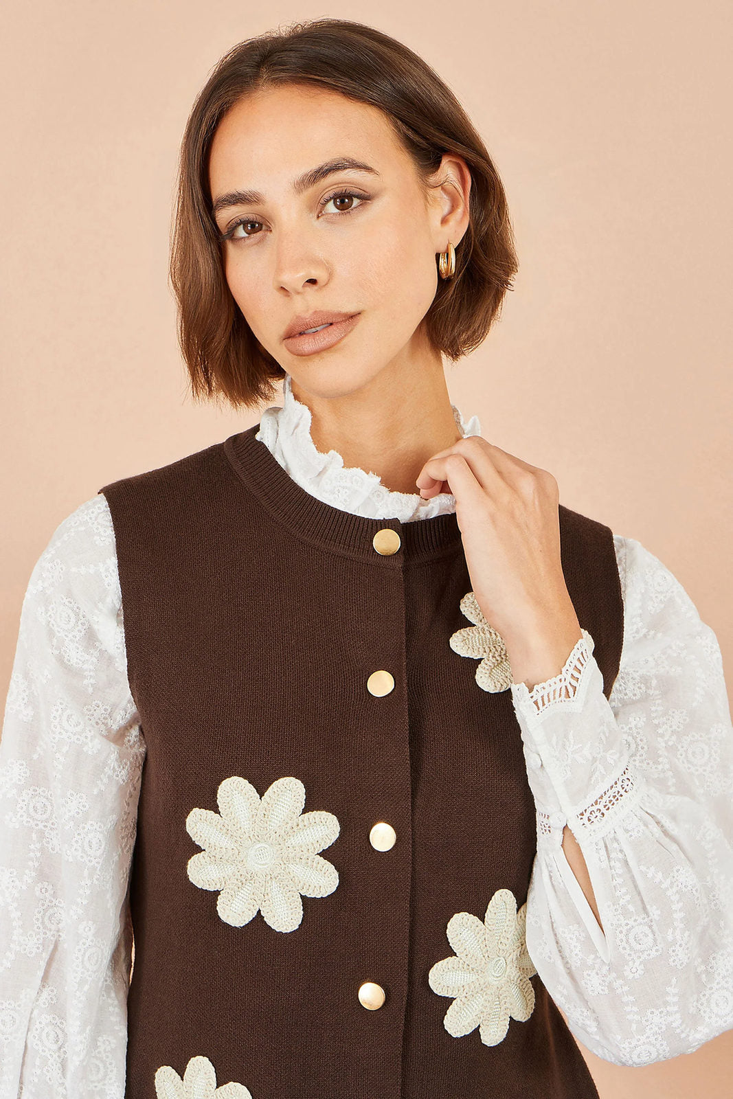 Yumi Women's Brown Floral Appliqué Gold Button Knit Waistcoat | QHA UK - QHA UK