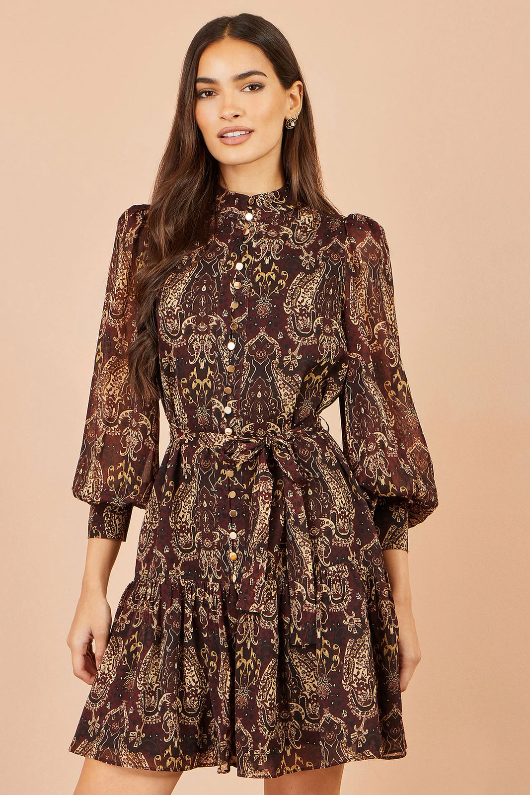 Yumi Women's Brown Paisley Long Sleeve Shirt Dress | QHA UK - QHA UK