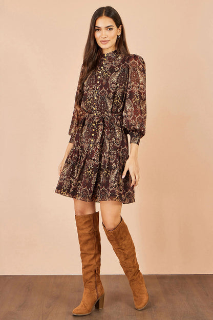 Yumi Women's Brown Paisley Long Sleeve Shirt Dress | QHA UK - QHA UK