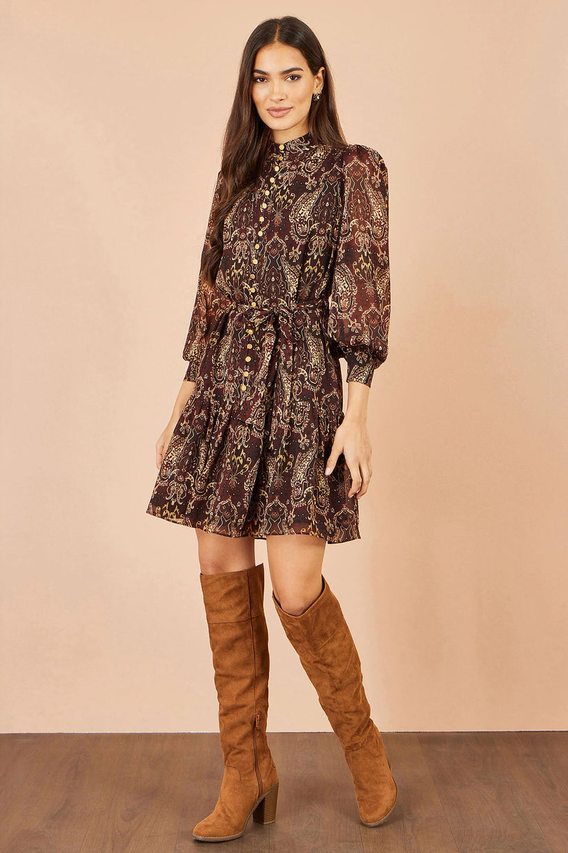 Yumi Women's Brown Paisley Long Sleeve Shirt Dress | QHA UK - QHA UK