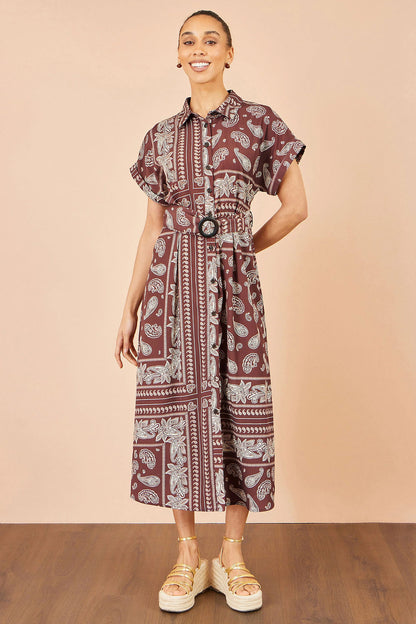 Yumi Women's Brown Paisley Belted Midi Shirt Dress | QHA UK - QHA UK