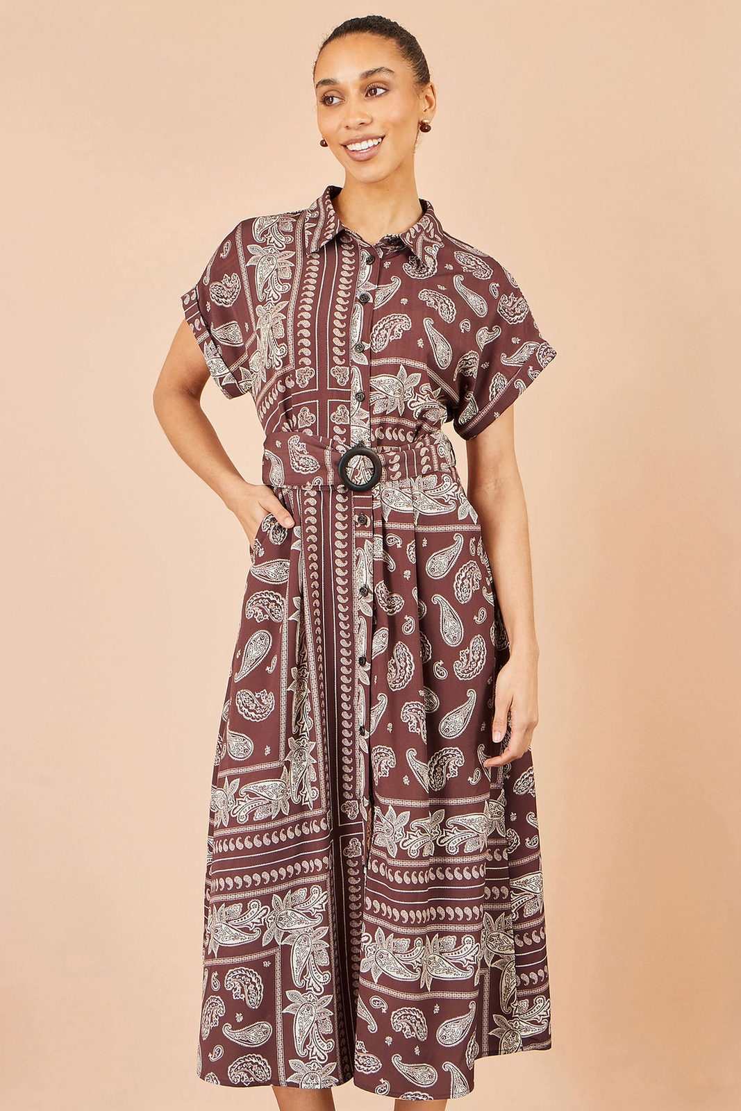 Yumi Women's Brown Paisley Belted Midi Shirt Dress | QHA UK - QHA UK