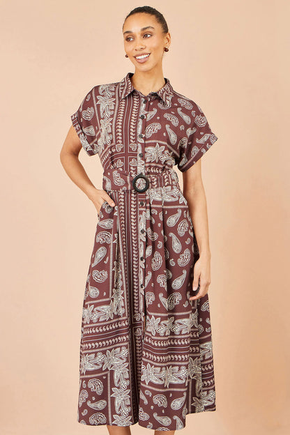 Yumi Women's Brown Paisley Belted Midi Shirt Dress | QHA UK - QHA UK