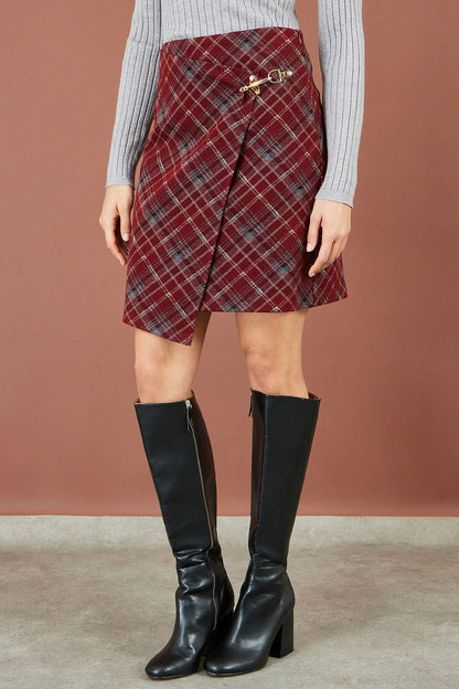 Yumi Women's Burgundy Check Wrap Mini Skirt with Gold Clasp | QHA UK - QHA UK