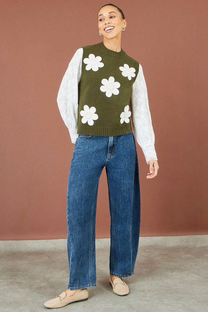 Yumi Women's Green Flower Appliqué Beaded Knit Tank Vest | Sizes S–L | QHA UK - QHA UK