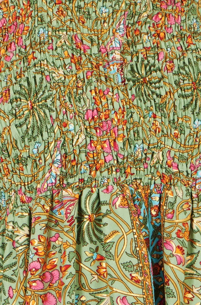Yumi Women's Green Foil Palm Print Ruched Maxi Dress | Sizes 6–18 | QHA UK - Pattern Detail - QHA UK