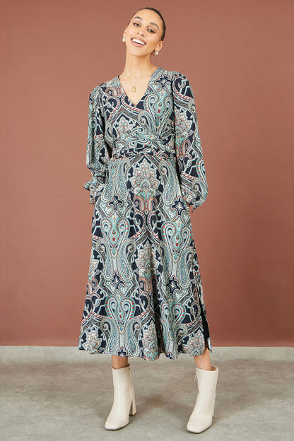Yumi Women's Green Paisley Print Wrap Waist Midi Dress | QHA UK - QHA UK