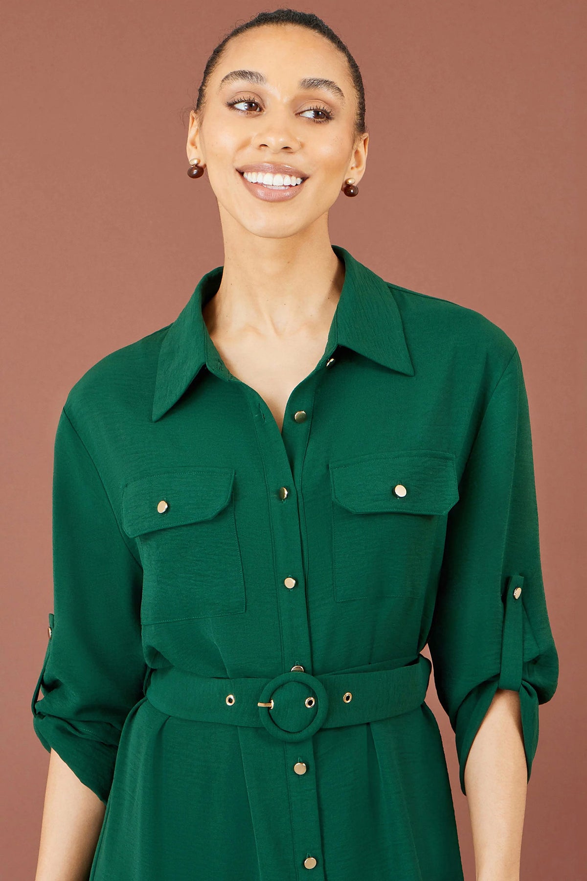 Yumi Women's Green Stretch Midi Shirt Dress | Sizes 6–24 | QHA UK - QHA UK
