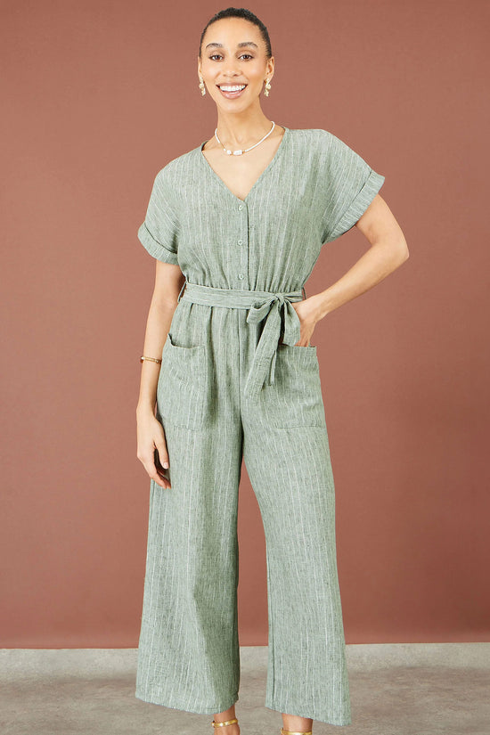 Yumi Women's Khaki Green Pinstripe Wide-Leg Jumpsuit | Sizes 6–18 | QHA UK - QHA UK