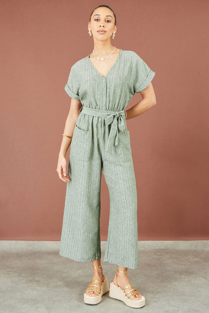 Yumi Women's Khaki Green Pinstripe Wide-Leg Jumpsuit | Sizes 6–18 | QHA UK - QHA UK