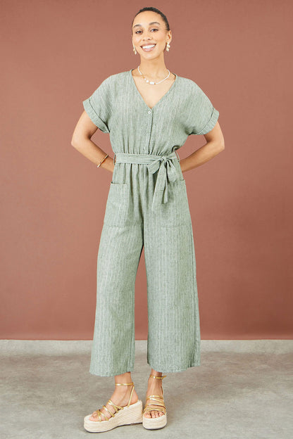 Yumi Women's Khaki Green Pinstripe Wide-Leg Jumpsuit | Sizes 6–18 | QHA UK - QHA UK