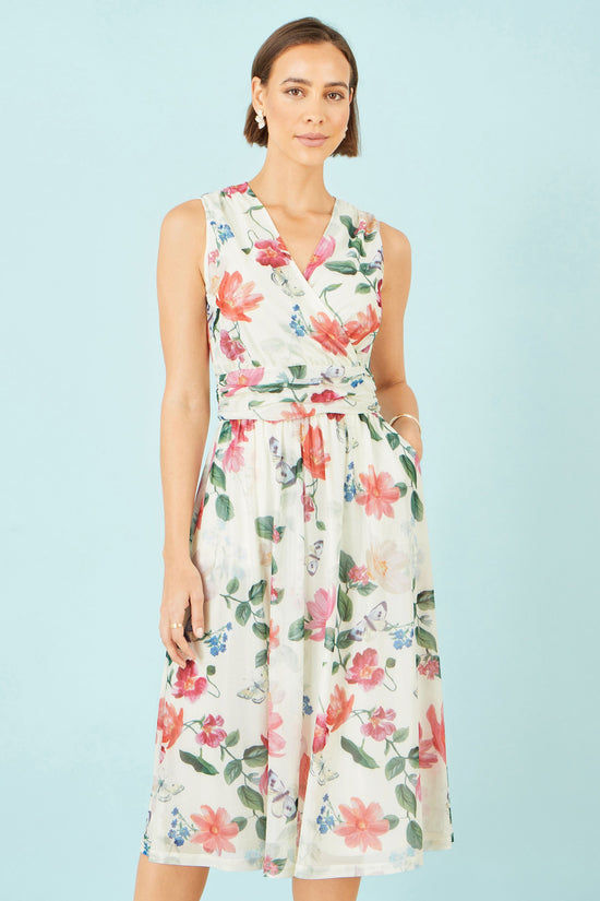 Yumi Ivory Floral Mesh Midi Dress With Pockets | UK Sizes 6–28 - QHA UK