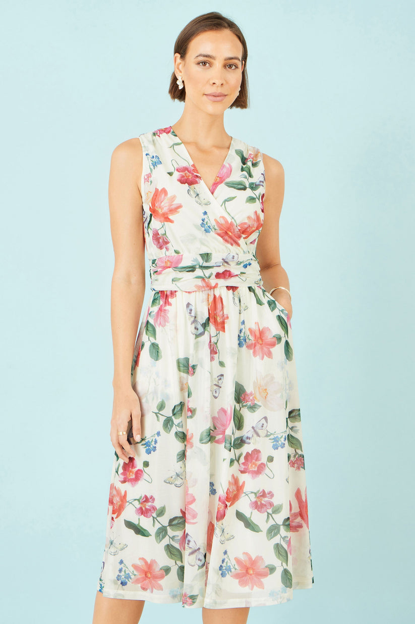 Yumi Ivory Floral Mesh Midi Dress With Pockets | UK Sizes 6–28 - QHA UK