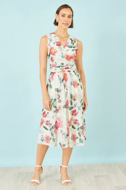 Yumi Ivory Floral Mesh Midi Dress With Pockets | UK Sizes 6–28 - Pattern Detail - QHA UK