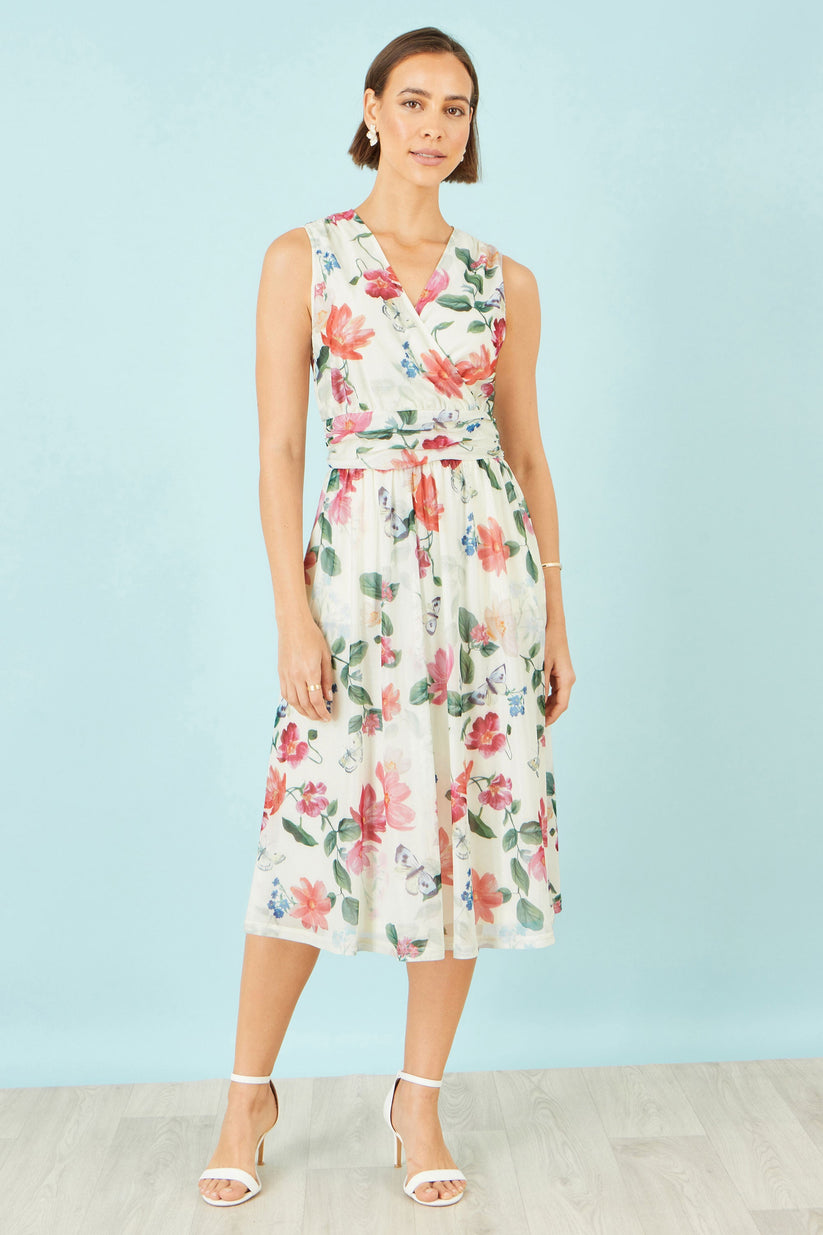 Yumi Ivory Floral Mesh Midi Dress With Pockets | UK Sizes 6–28 - Pattern Detail - QHA UK