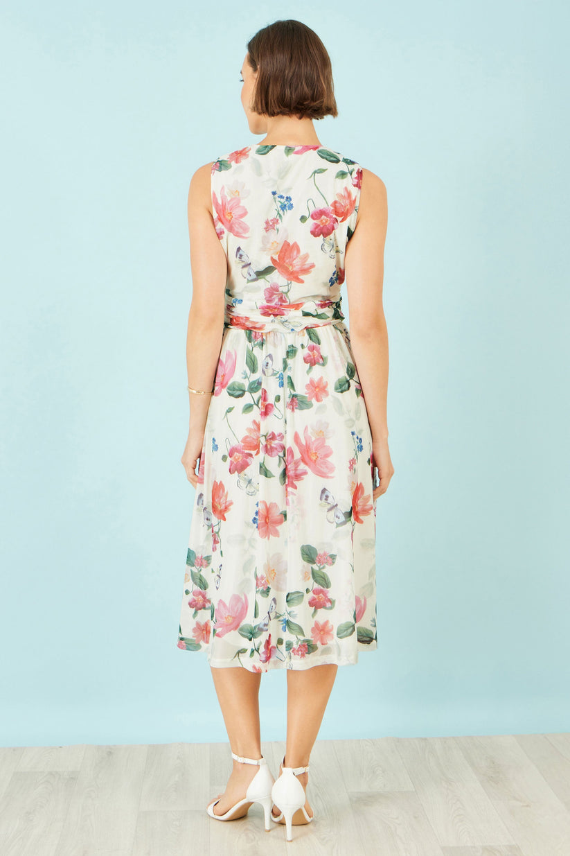 Yumi Ivory Floral Mesh Midi Dress With Pockets | UK Sizes 6–28 - Pattern Detail - QHA UK