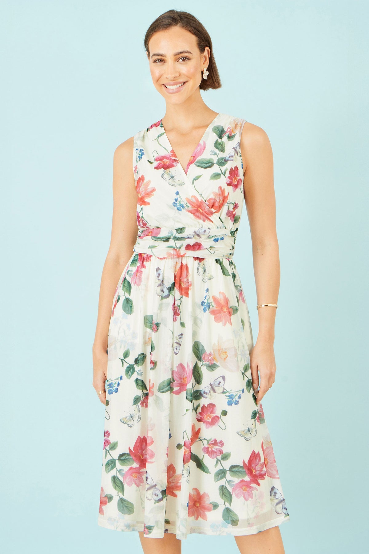 Yumi Ivory Floral Mesh Midi Dress With Pockets | UK Sizes 6–28 - Pattern Detail - QHA UK