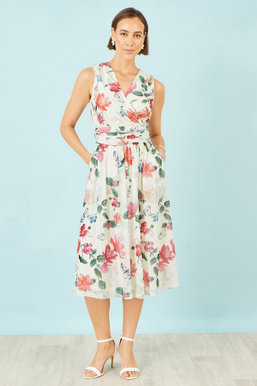 Yumi Ivory Floral Mesh Midi Dress With Pockets | UK Sizes 6–28 - Pattern Detail - QHA UK