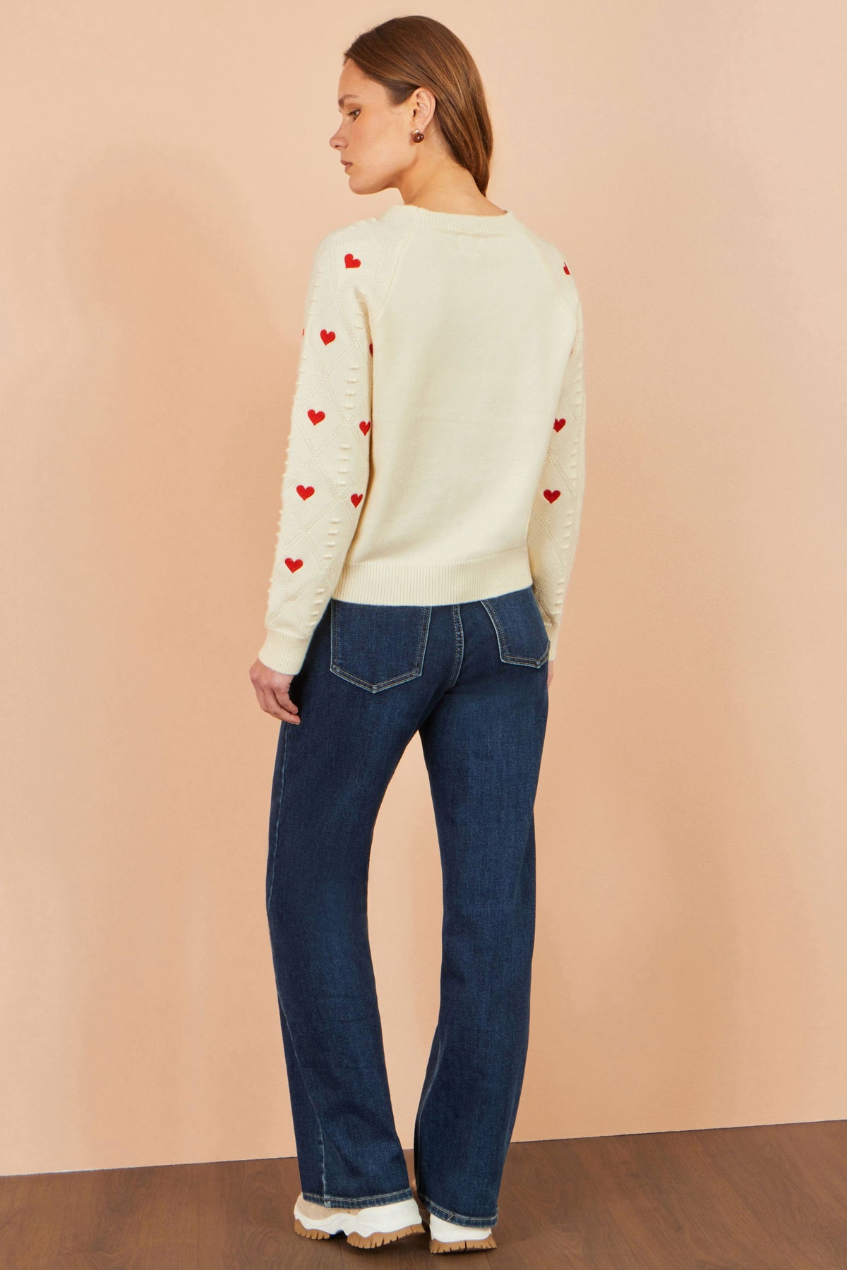 Yumi Women's Ivory Heart Motif Pointelle Knit Jumper | QHA UK - QHA UK