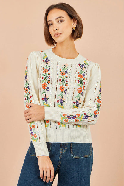 Yumi Women's Ivory Floral Embroidered Pointelle Puff Sleeve Jumper | QHA UK - QHA UK