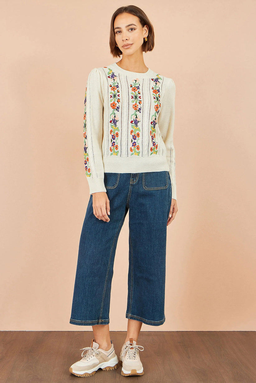Yumi Women's Ivory Floral Embroidered Pointelle Puff Sleeve Jumper | QHA UK - QHA UK