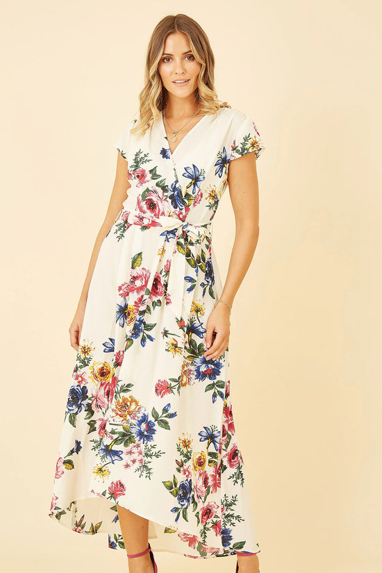Yumi Ivory Floral Wrap Midi Dress | Dipped Hem | UK Sizes 6–28 - QHA UK