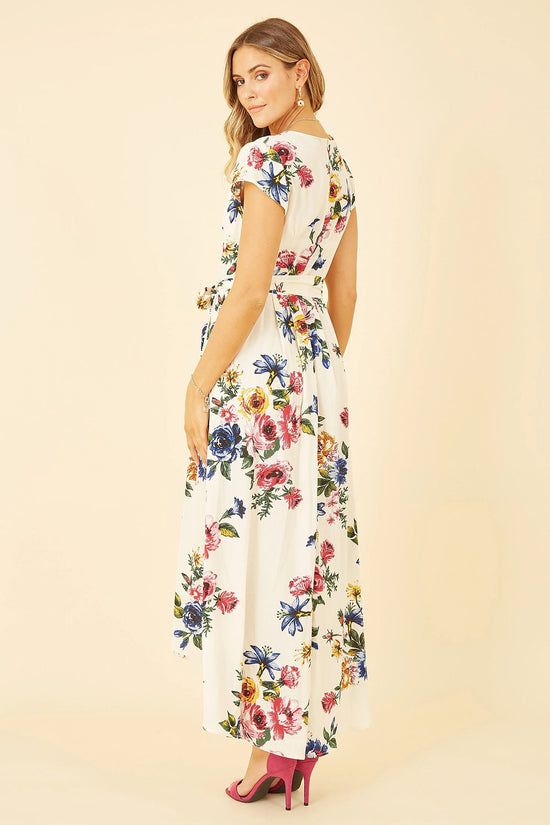 Yumi Ivory Floral Wrap Midi Dress | Dipped Hem | UK Sizes 6–28 - QHA UK