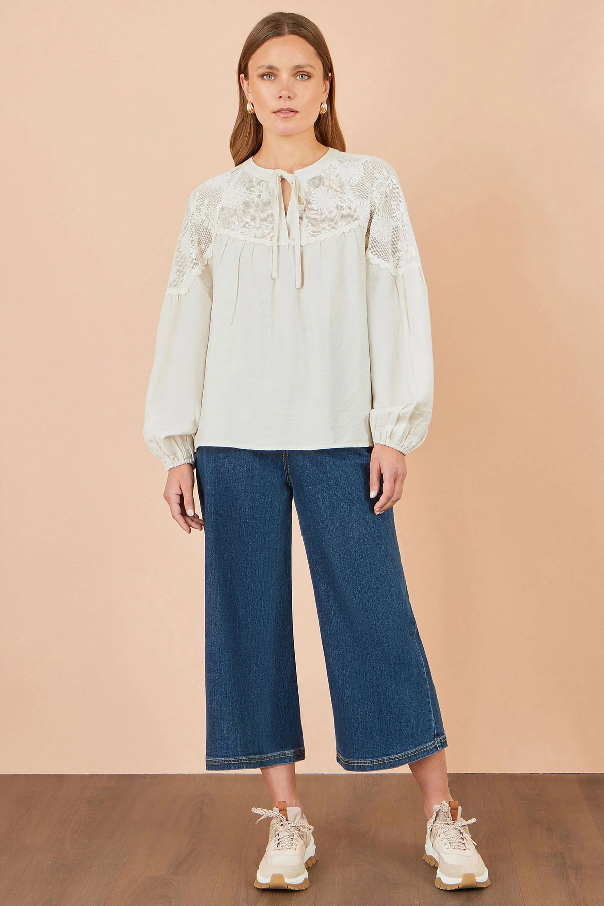 Yumi Women's Ivory Floral Lace Panel Tie Neck Viscose Blouse | QHA UK - QHA UK