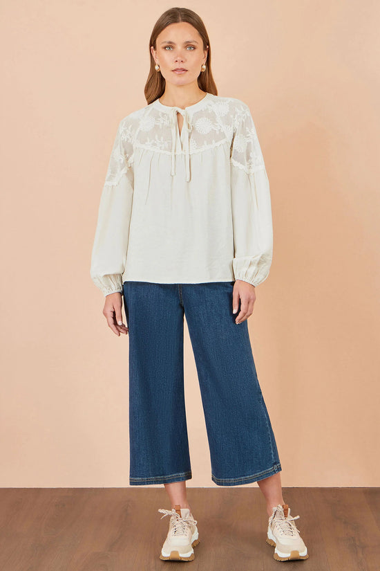 Yumi Women's Ivory Floral Lace Panel Tie Neck Viscose Blouse | QHA UK - QHA UK
