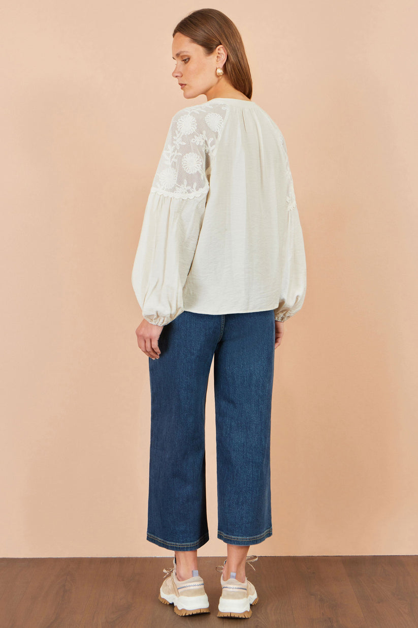 Yumi Women's Ivory Floral Lace Panel Tie Neck Viscose Blouse | QHA UK - QHA UK