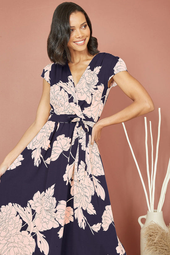 Yumi Navy Blossom Wrap Midi Dress | Dipped Hem | UK Sizes 6–28 - QHA UK