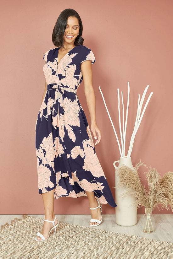 Yumi Navy Blossom Wrap Midi Dress | Dipped Hem | UK Sizes 6–28 - QHA UK
