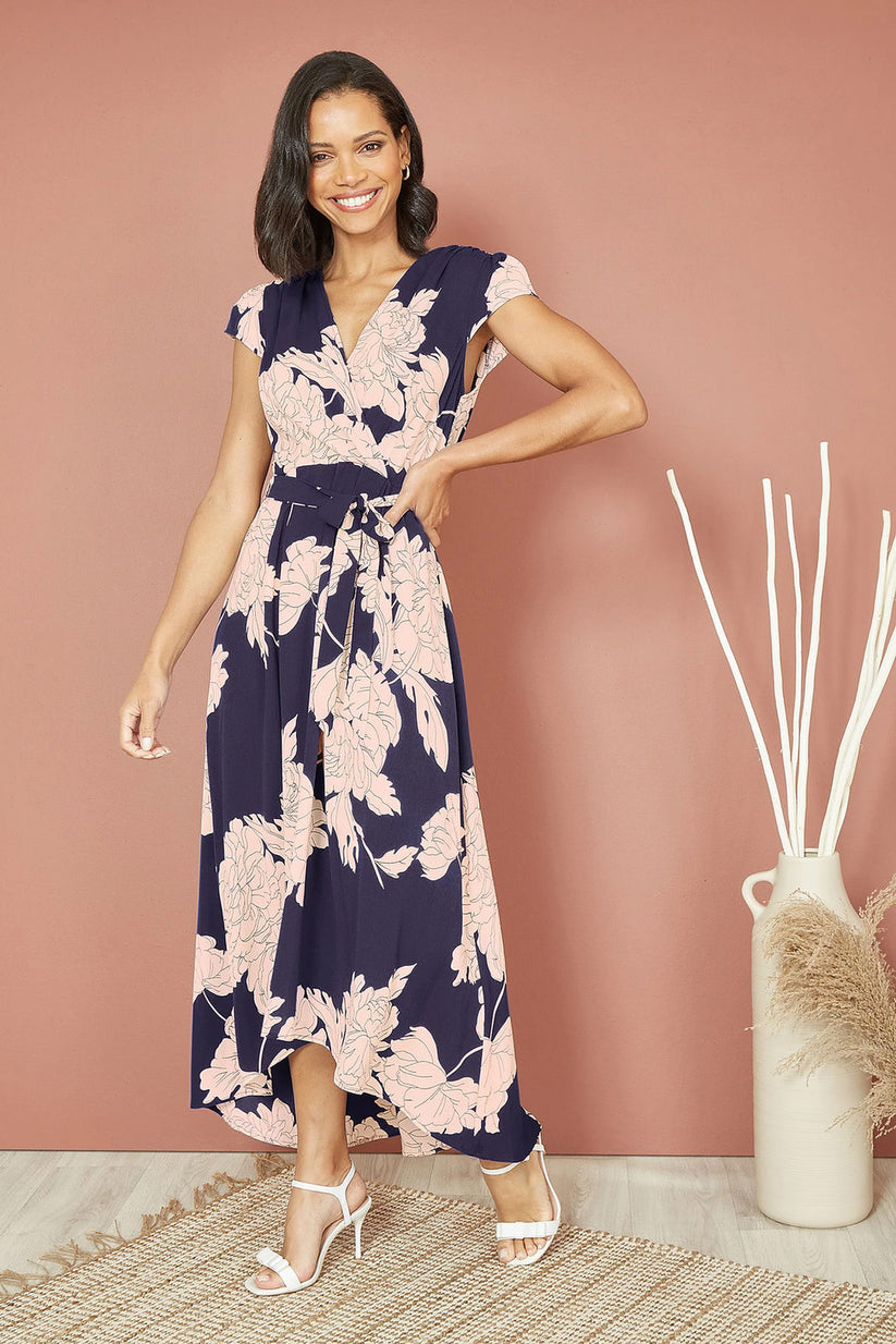 Yumi Navy Blossom Wrap Midi Dress | Dipped Hem | UK Sizes 6–28 - Pattern Detail - QHA UK