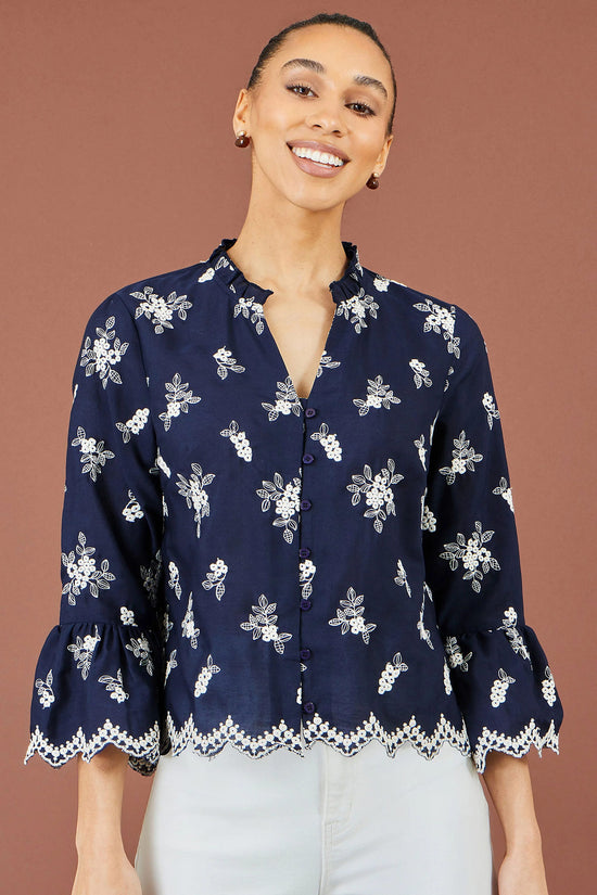 Yumi Women's Navy Floral Broderie Cotton Blouse Fluted Sleeves | QHA UK - QHA UK