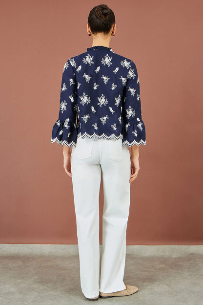Yumi Women's Navy Floral Broderie Cotton Blouse Fluted Sleeves | QHA UK - QHA UK