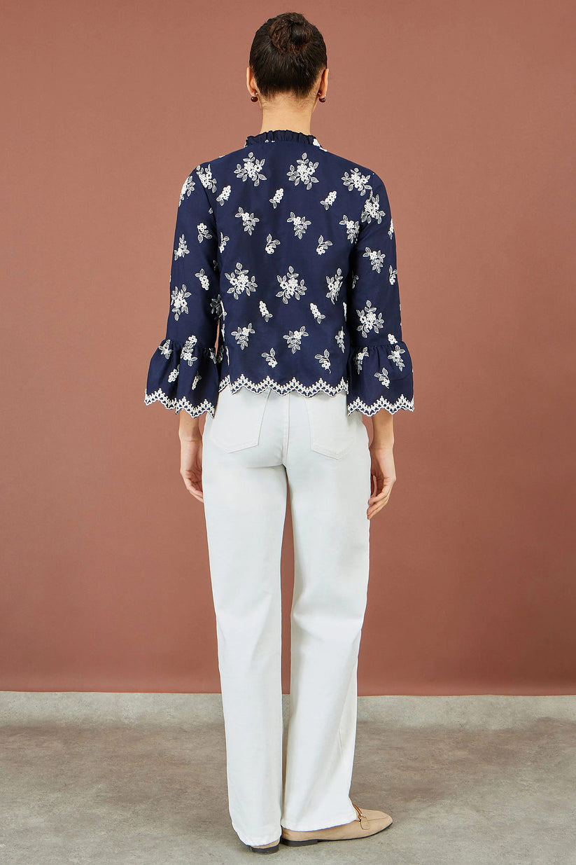 Yumi Women's Navy Floral Broderie Cotton Blouse Fluted Sleeves | QHA UK - QHA UK