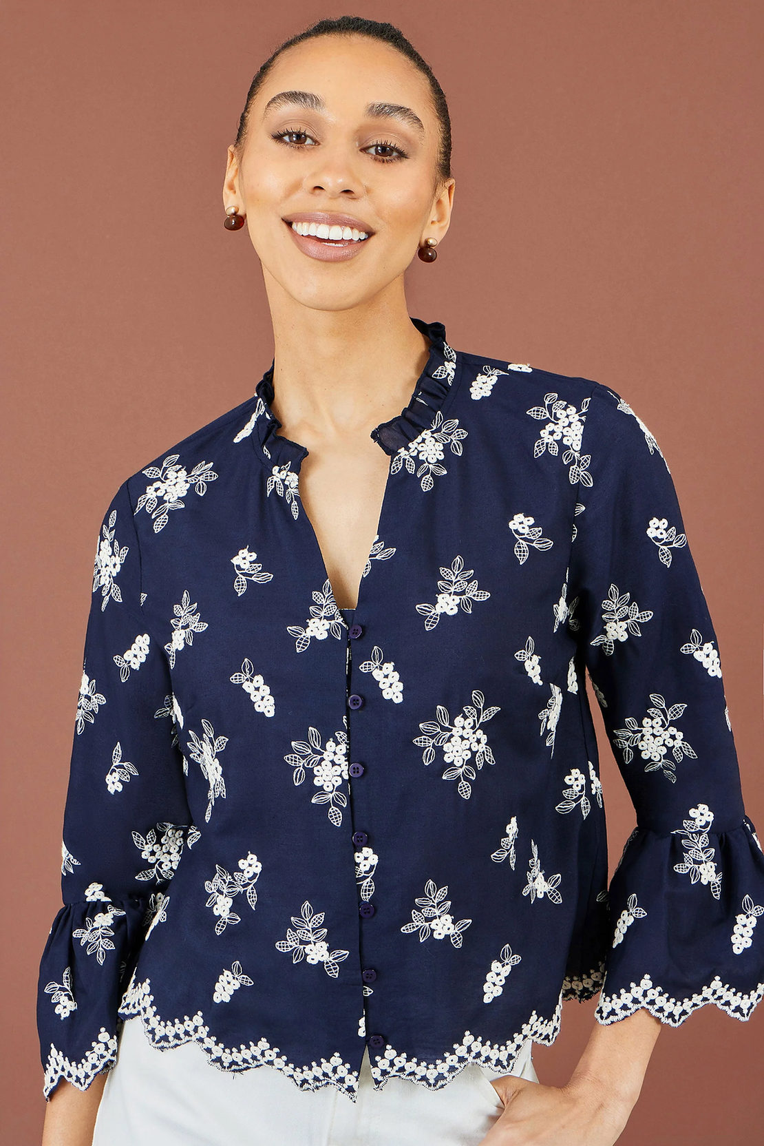 Yumi Women's Navy Floral Broderie Cotton Blouse Fluted Sleeves | QHA UK - QHA UK