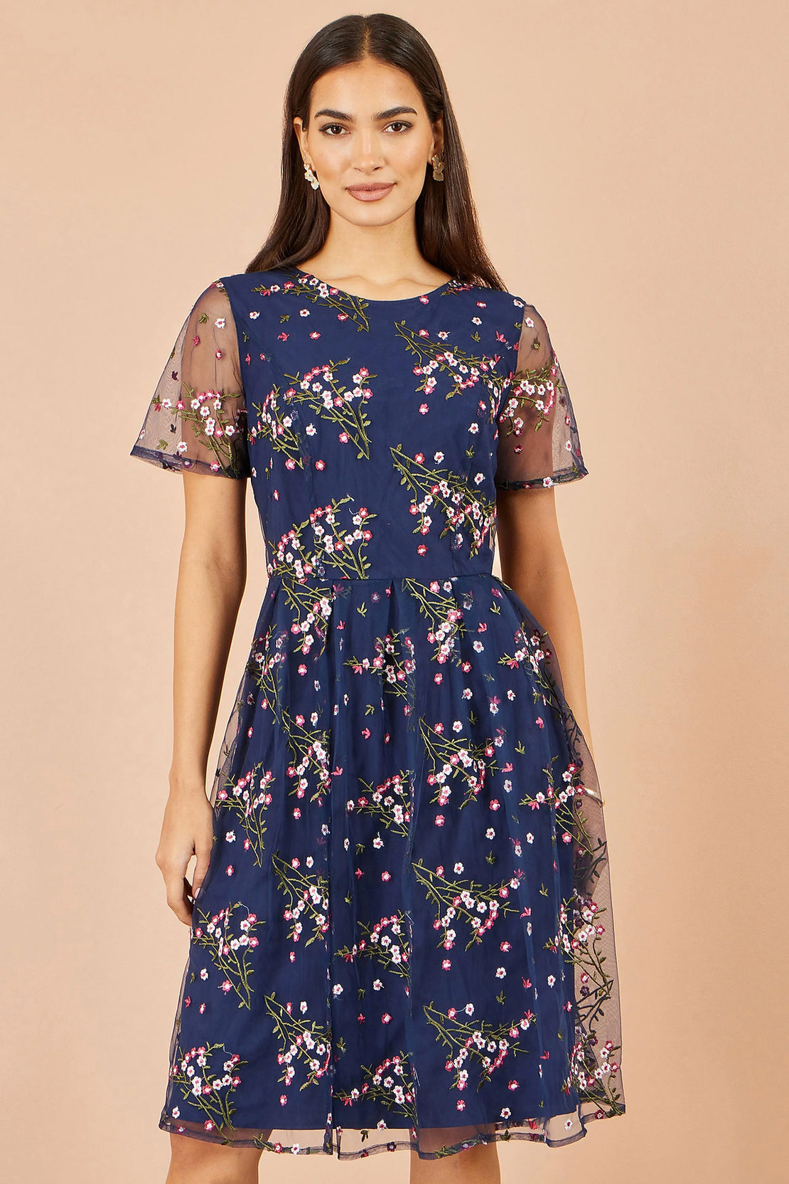 Yumi Women's Navy Floral Embroidered Mesh Midi Occasion Dress | QHA UK - QHA UK