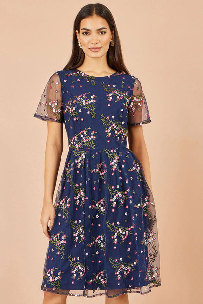 Yumi Women's Navy Floral Embroidered Mesh Midi Occasion Dress | QHA UK - QHA UK